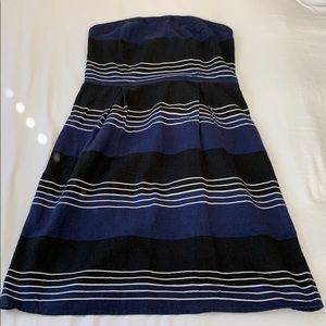 Blue and black striped strapless dress